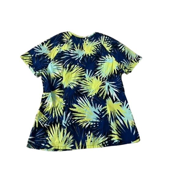 EUC Koi Stretch Tropical print scrub top sz L yellow blue colorful nursing - Picture 2 of 5